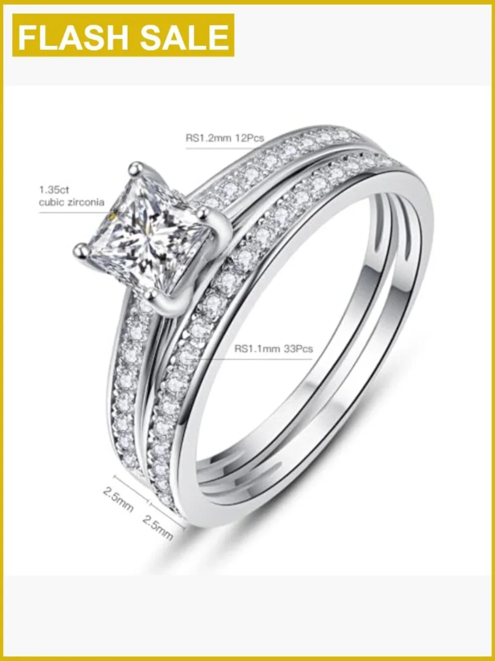 1.35ct Princess Cut CZ Engagement Ring Bridal Set Sterling Silver